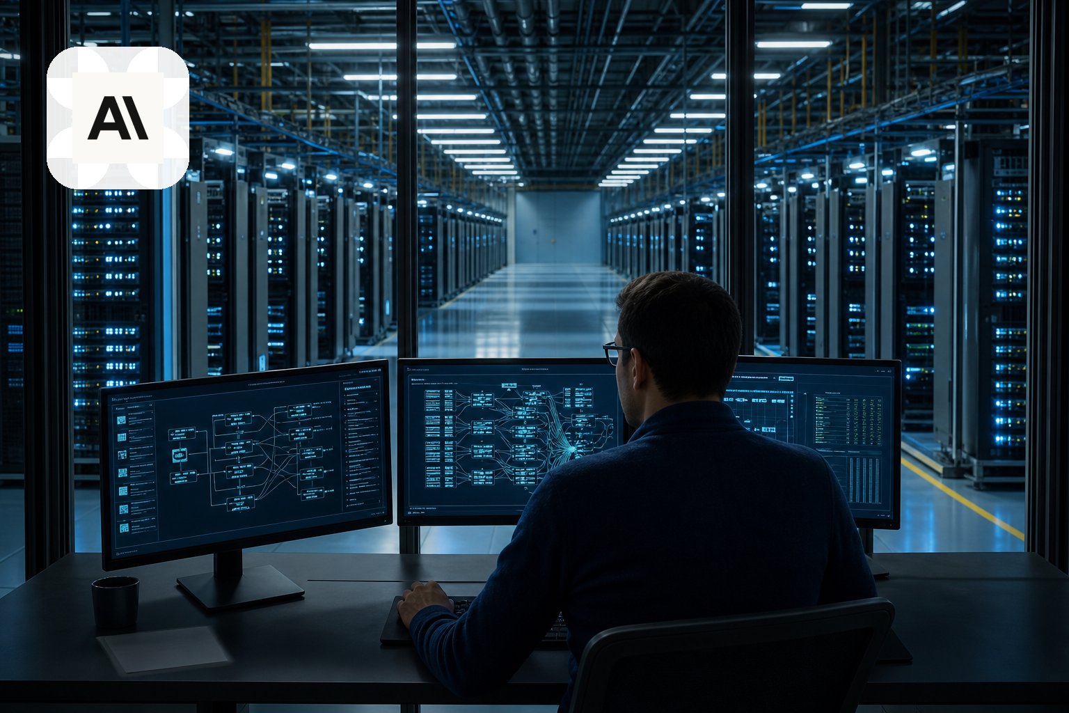 مهندس داخل مركز بيانات يراقب خوادم مخصصة لتشغيل نماذج ذكاء اصطناعي متقدمة