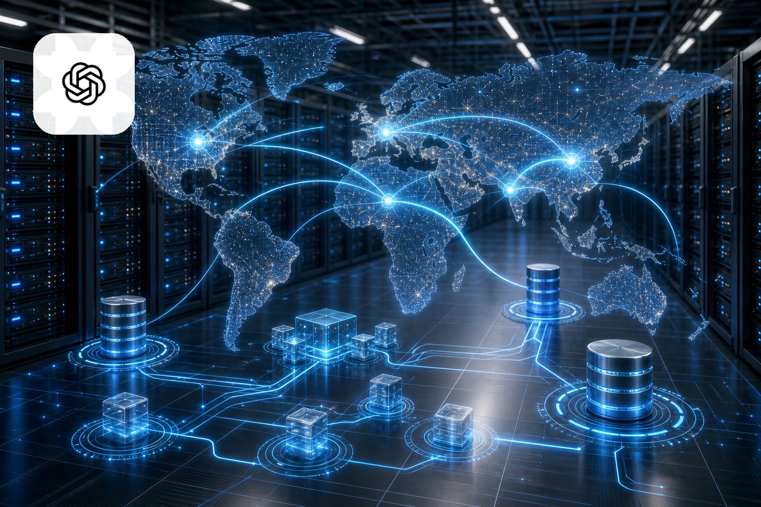 خوادم في مركز بيانات مع مسارات ضوئية تمثل توزيع بيانات ChatGPT عالميًا