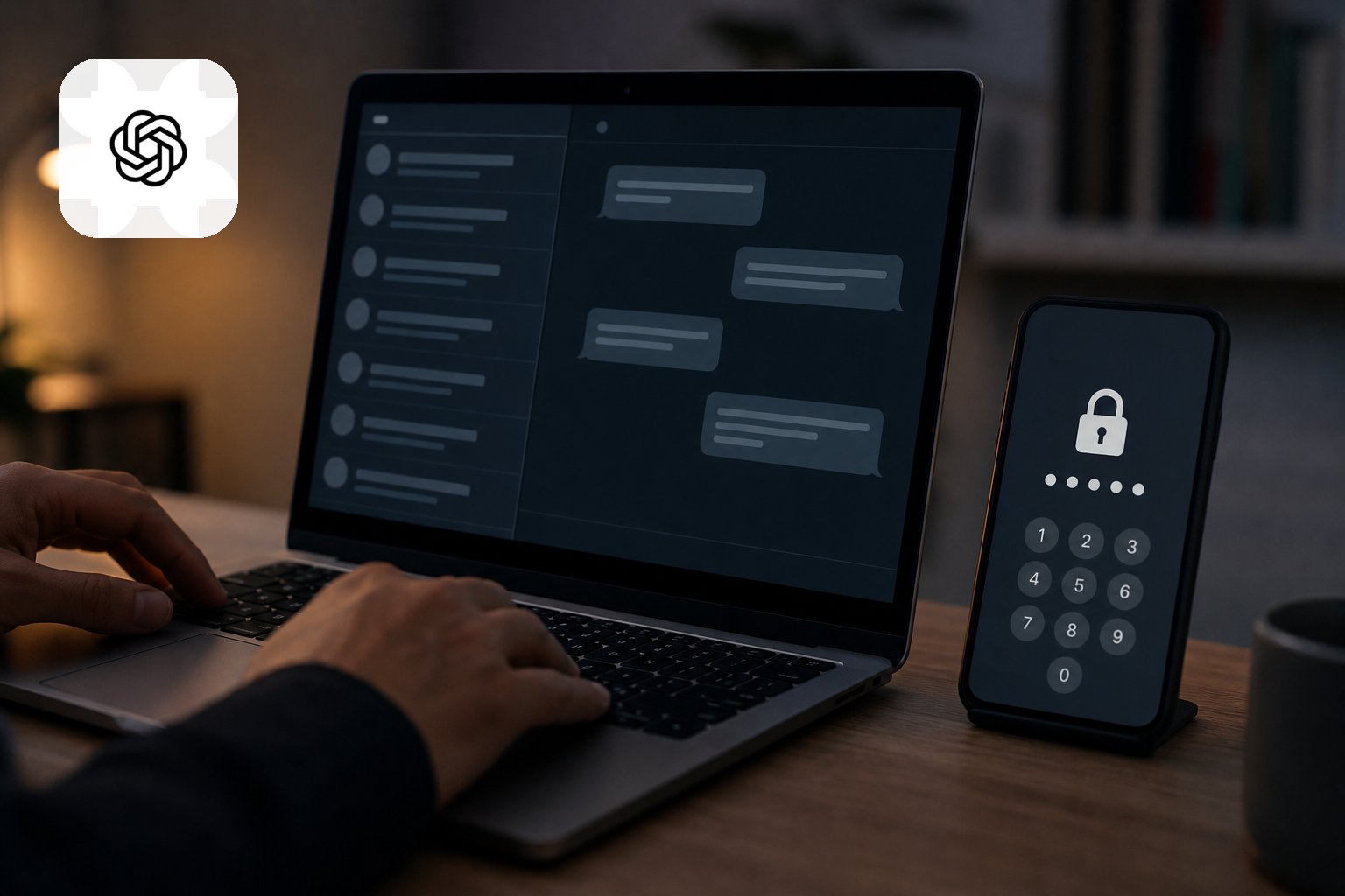 هاتف وحاسوب يعرضان محادثة خاصة محمية برمز دخول داخل واجهة رقمية هادئة