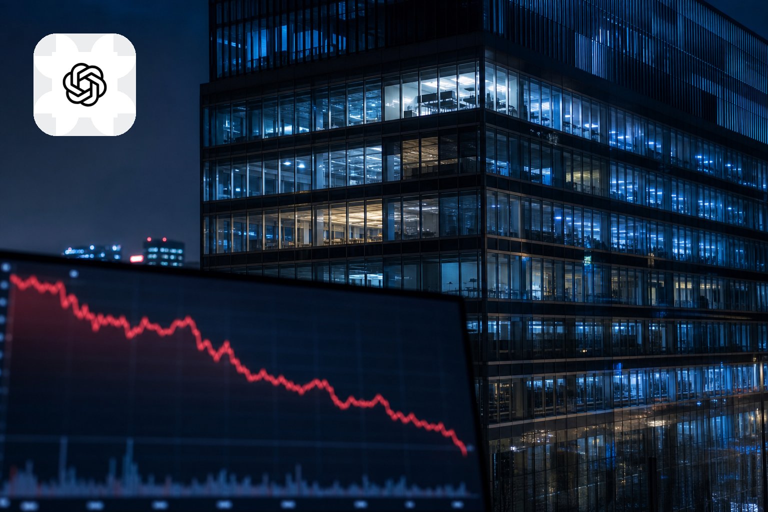 مبنى شركة تقنية أمام شاشة مالية تجريدية تعكس خفض هدف التمويل وحذر المستثمرين
