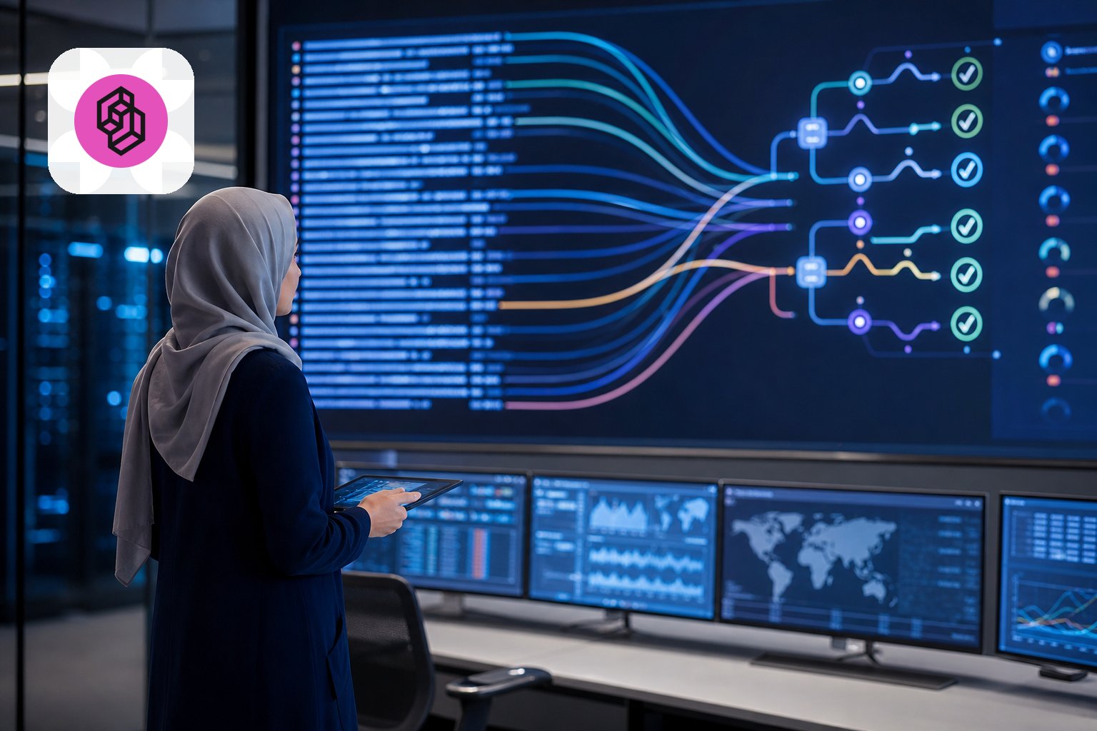 مهندسة بيانات تتابع لوحة تعرض سجلات تتحول إلى مسارات تصنيف وقرارات احتمالية