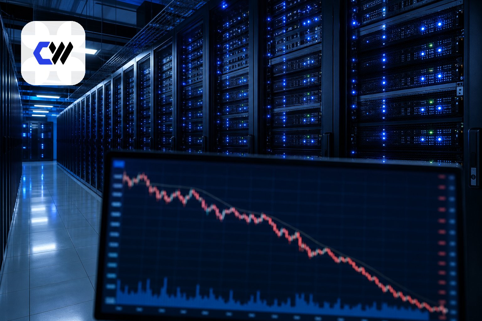 قاعة خوادم في مركز بيانات بجوار شاشة تعرض منحنى ماليًا هابطًا دون نصوص أو شعارات