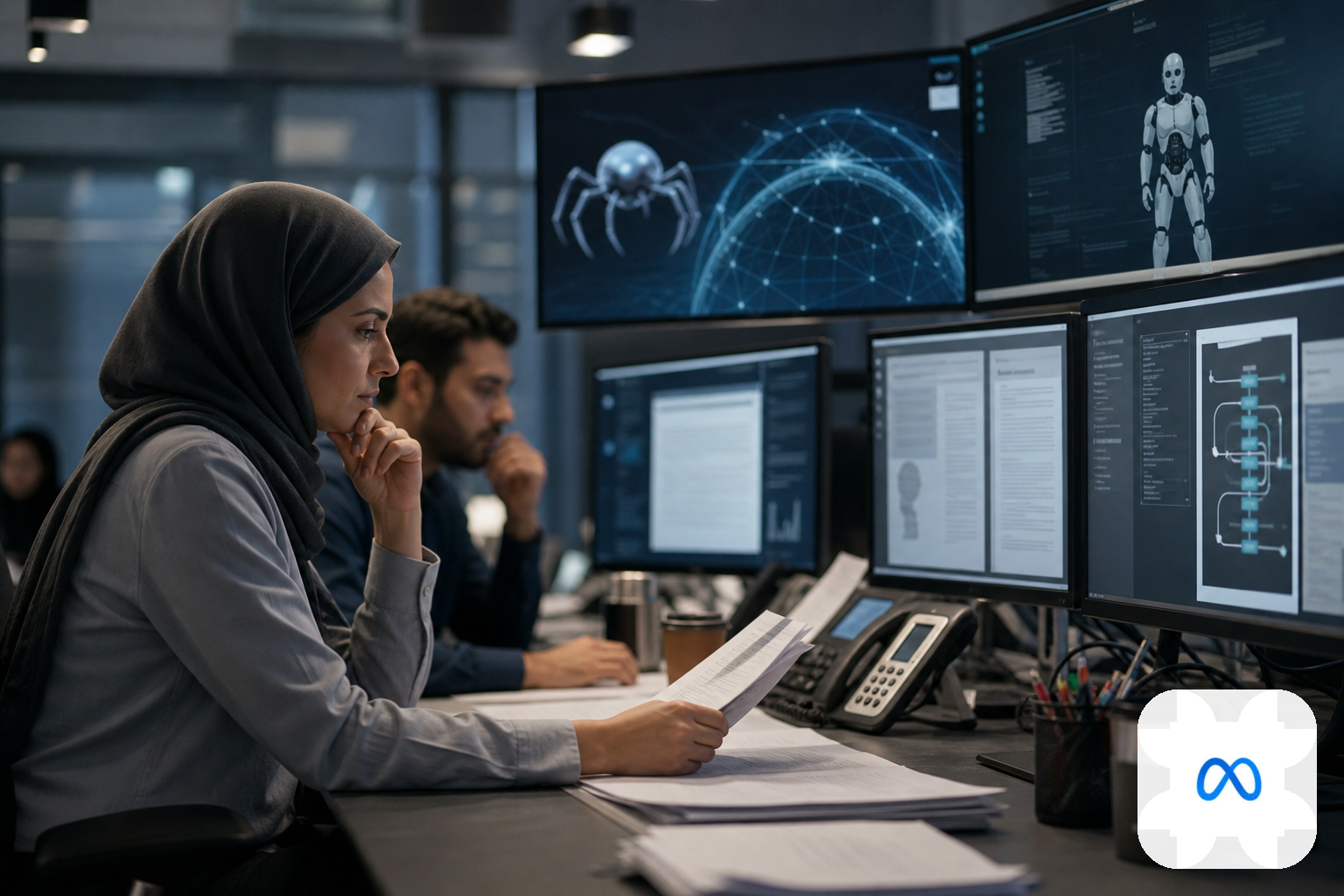 محررون يراجعون شروط استخدام رقمية ومخططات زحف آلي على شاشات داخل غرفة أخبار