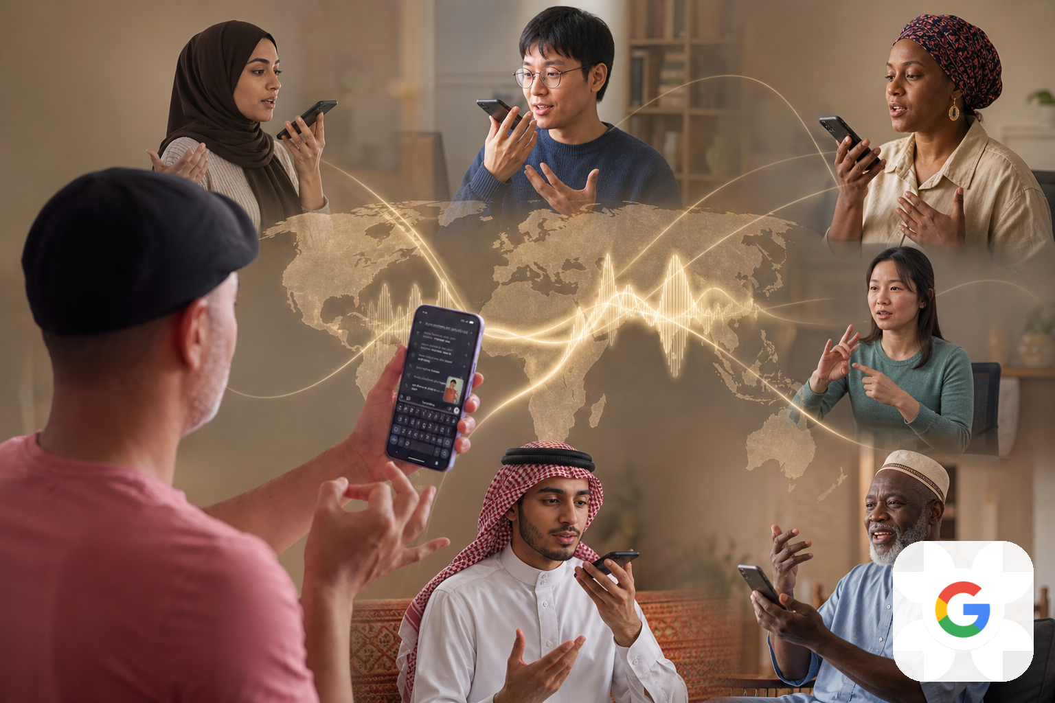 أشخاص من ثقافات مختلفة يتحدثون عبر أجهزة ذكية وتتصل بينهم موجات صوتية على خلفية خريطة العالم