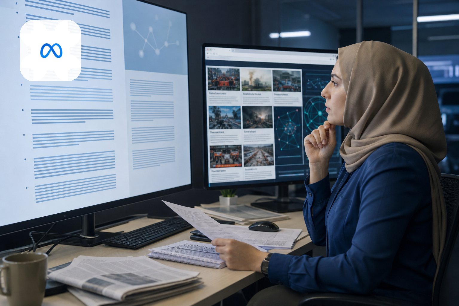 محررة تراجع شروطًا رقمية على شاشة بجوار واجهة تجسد جمع محتوى مواقع إخبارية