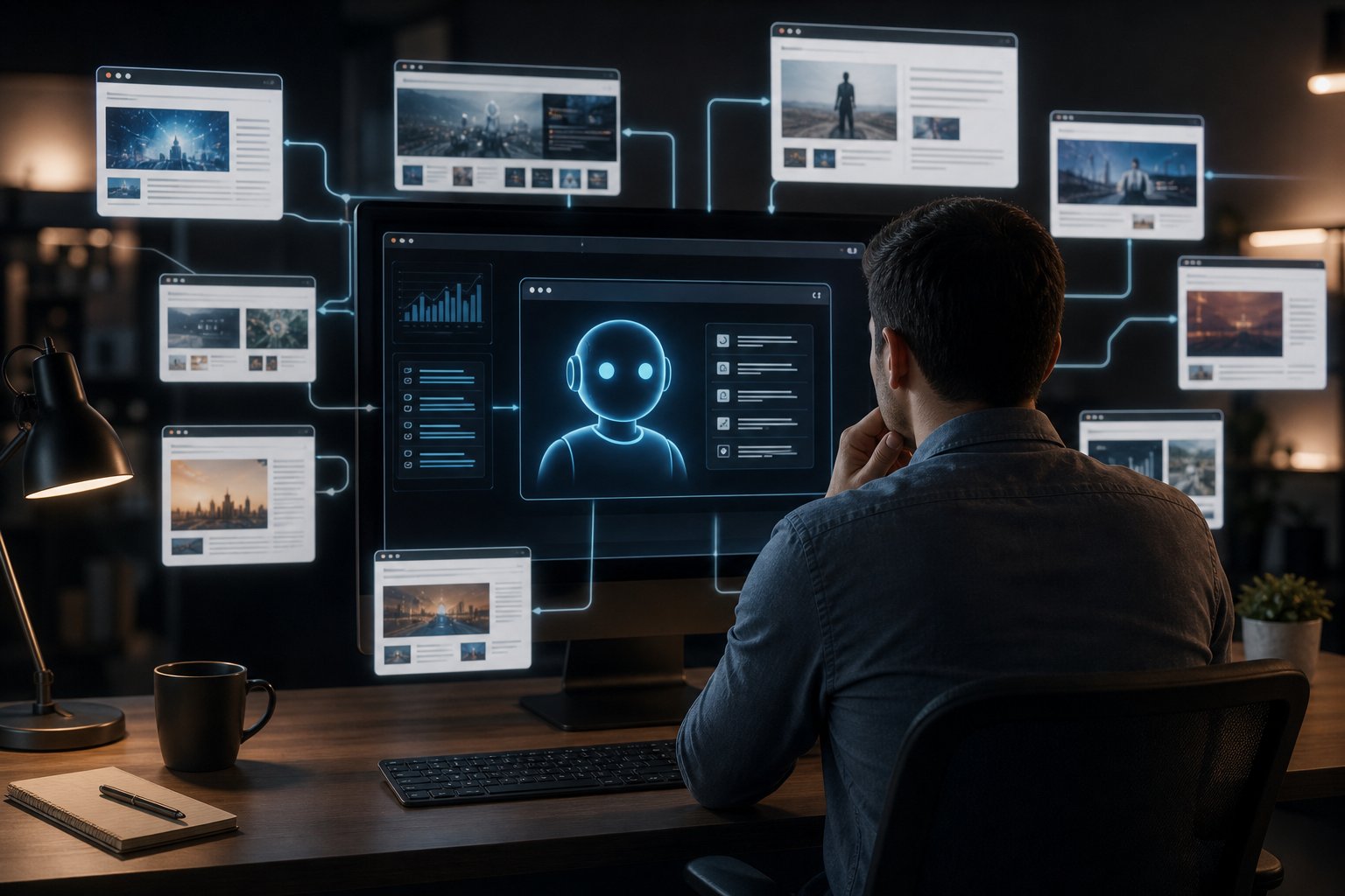شخص أمام شاشة تعرض شبكة مواقع وواجهة مجردة لوكيل ذكاء اصطناعي ينفذ مهامًا رقمية