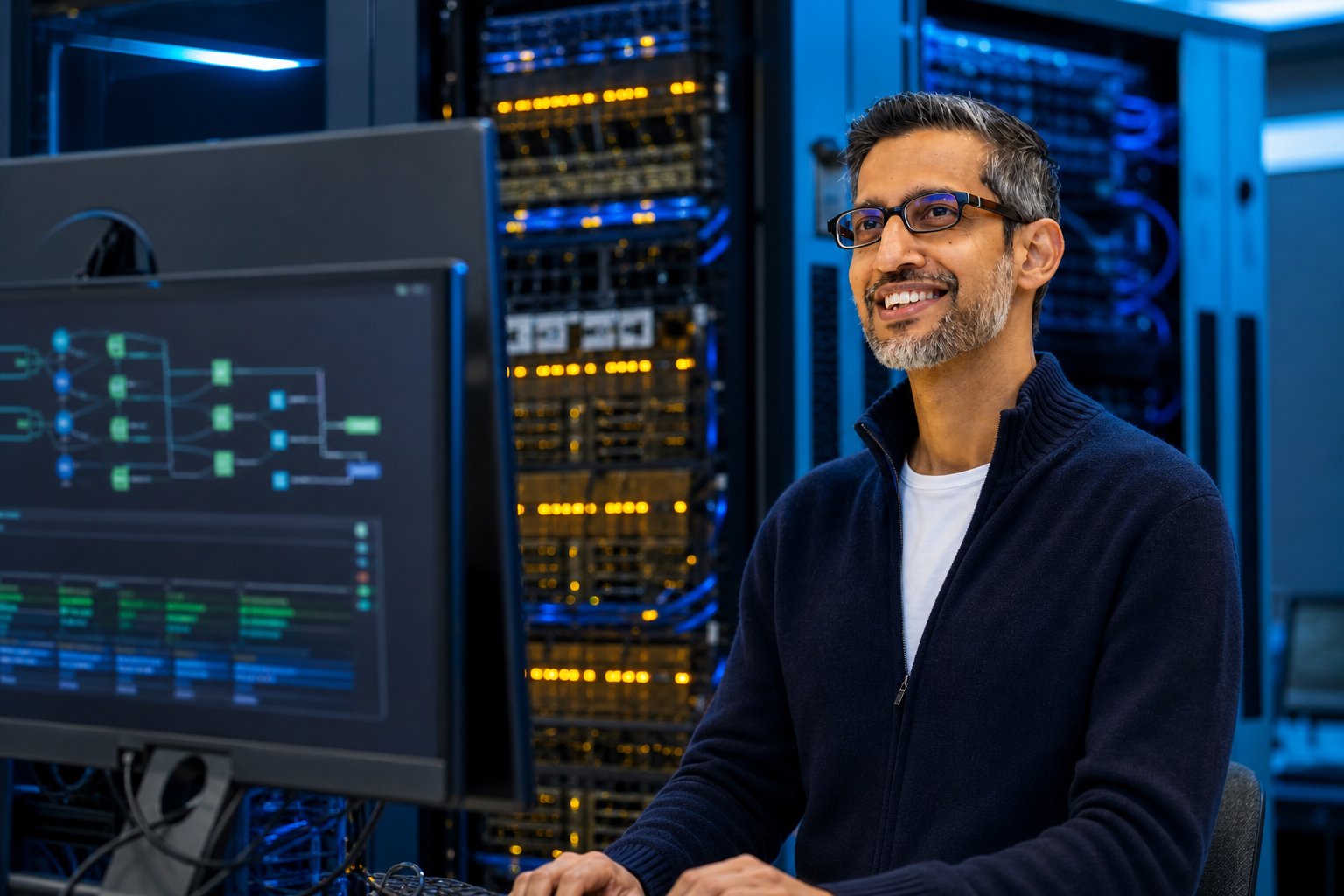 مهندس أمام خوادم ذكاء اصطناعي يراجع عملية نقل تطبيقات بين منصات حوسبة مختلفة