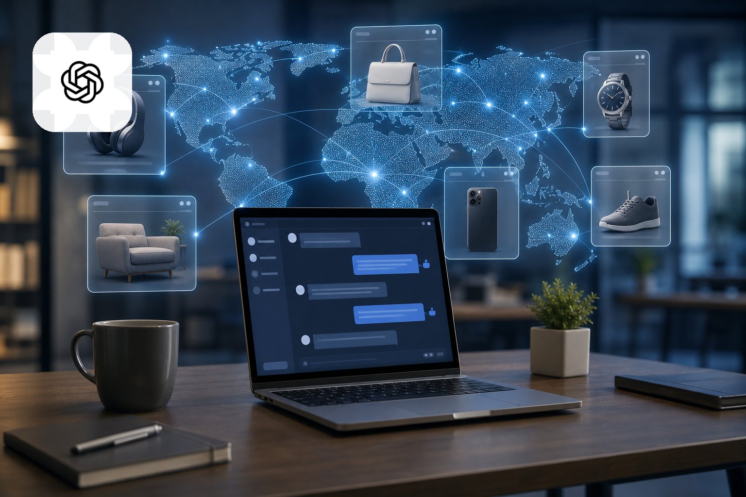 مستخدم يتفاعل مع محادثة ذكاء اصطناعي وخريطة عالمية تشير إلى توسع الإعلانات في أسواق جديدة