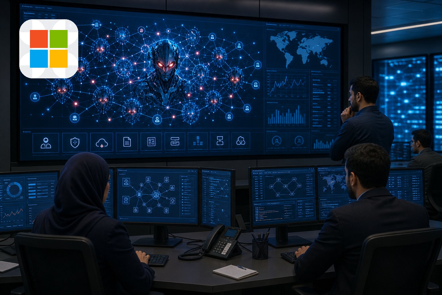 محللون يراقبون وكلاء ذكاء اصطناعي متصلين بأنظمة مؤسسة عبر شاشات أمنية