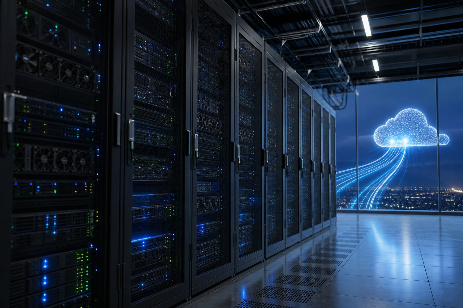 خوادم مزودة بوحدات GPU تعمل جزئيا داخل مركز بيانات مع تدفق بيانات نحو سحابة رقمية
