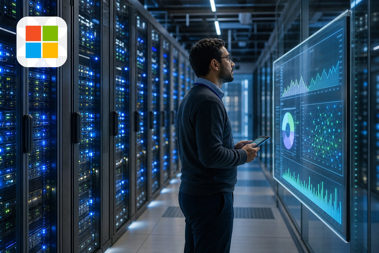 صفوف خوادم داخل مركز بيانات حديث مع مهندس يراقب مؤشرات رقمية على شاشة زجاجية