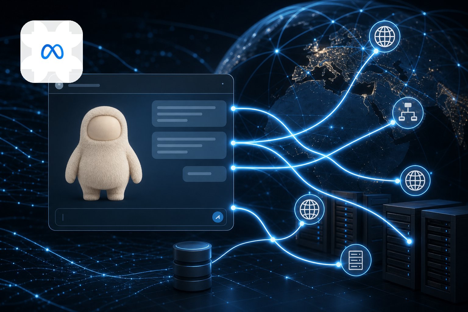 واجهة محادثة ذكاء اصطناعي تتصل بروابط وشبكة خوادم ورموز DNS في مشهد يحاكي خطر انكشاف البيانات