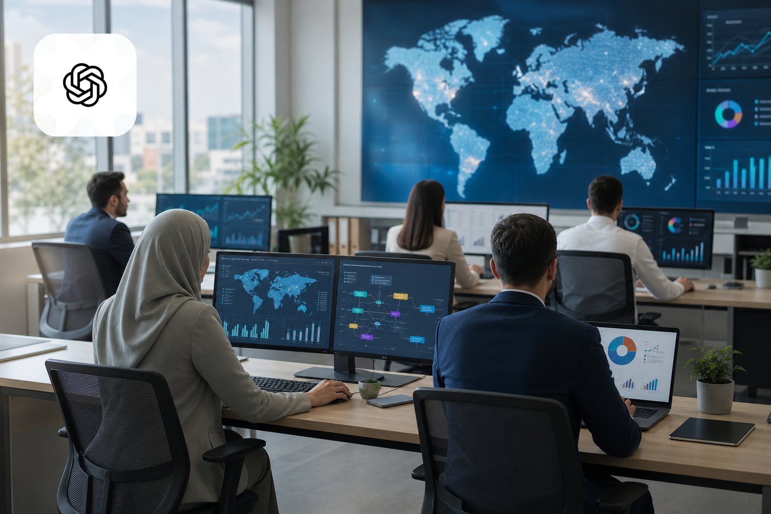 موظفون أمام شاشات تعرض خريطة عالمية ورسومًا بيانية عن استخدام الذكاء الاصطناعي في العمل