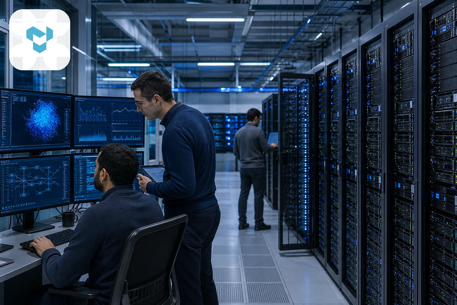 رفوف خوادم ذكاء اصطناعي داخل مركز بيانات مع مهندسين يتابعون عمليات المعالجة