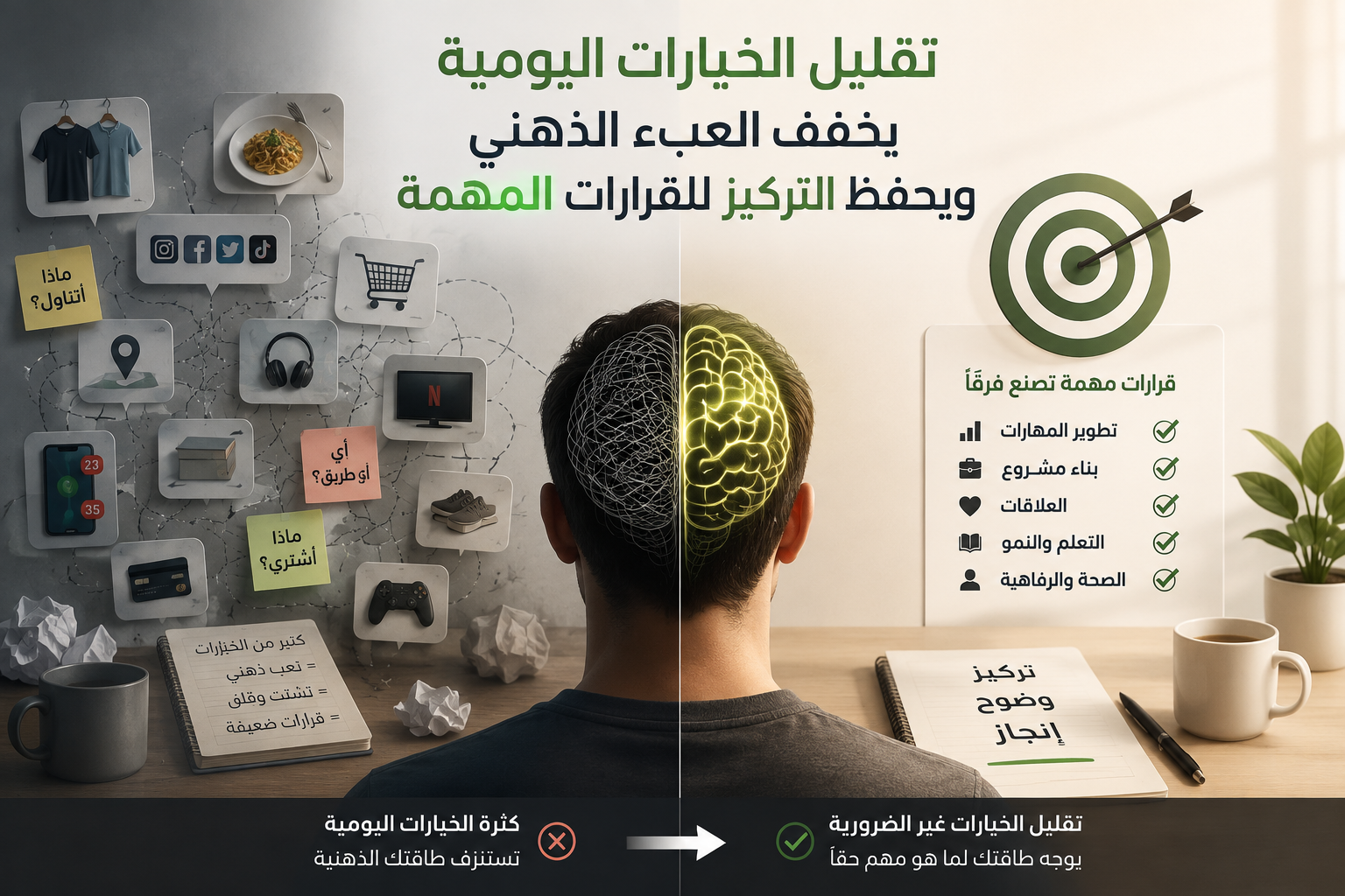 تقليل الخيارات اليومية يخفف العبء الذهني ويحفظ التركيز للقرارات المهمة